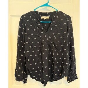 LOFT Floral Print‎ Blouse V-Neck Long Sleeve Casual Top Black Small